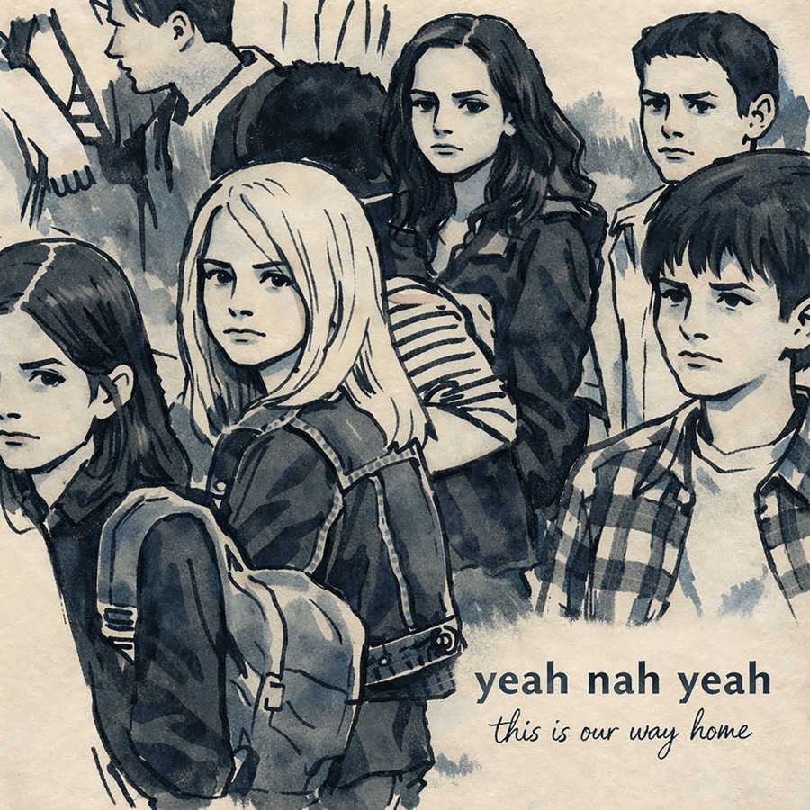 Album artwork for This Is Our Way Home: an ink-wash illustration of teenagers walking home
